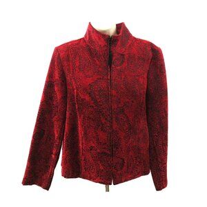 Dressbarn Womens Jacket Blazer PL Full Zip Textured Tapestry Red Paisley Pockets